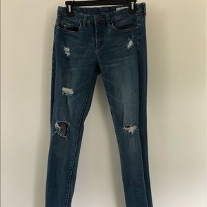 long blue distressed denim jeans